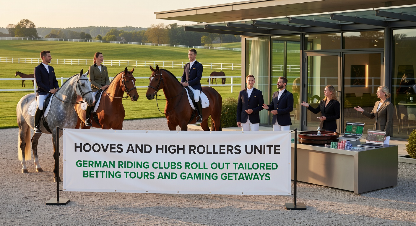 Reitergruppe auf einem Ausritt nahe einer Rennbahn, mit Casino-Lichtern im Hintergrund, symbolisiert die Verbindung von Reiten und Wetten in Deutschland
