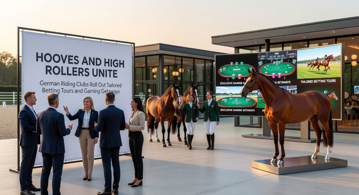 Gruppe von High Rollern bei einem Pferderennen, umgeben von Wettschaltern und Casino-Elementen, verdeutlicht die nahtlose Fusion von Sport und Glücksspiel