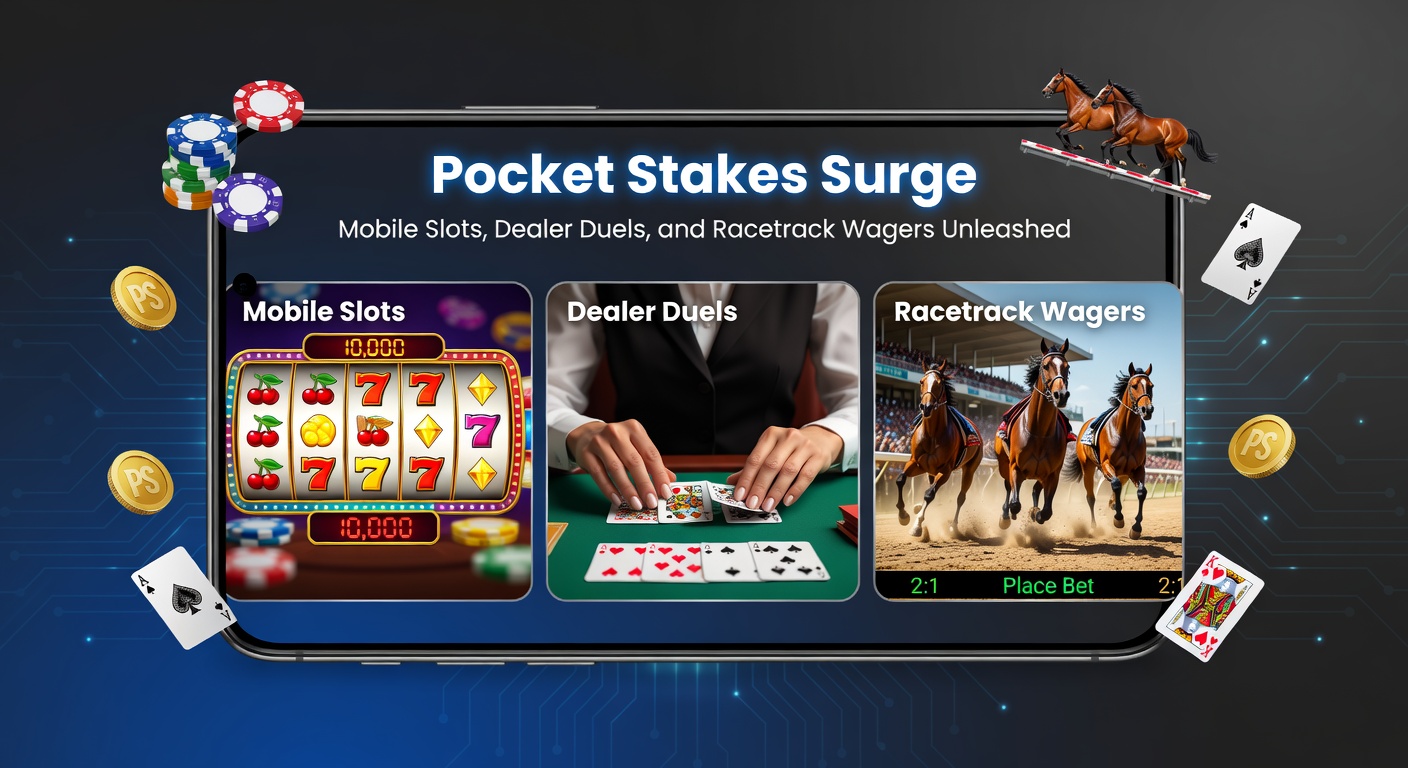 Smartphone mit mobilen Casino-Apps, das Slots, Live-Dealer und Rennwetten anzeigt, umgeben von dynamischen Grafiken von Würfeln und Pferden