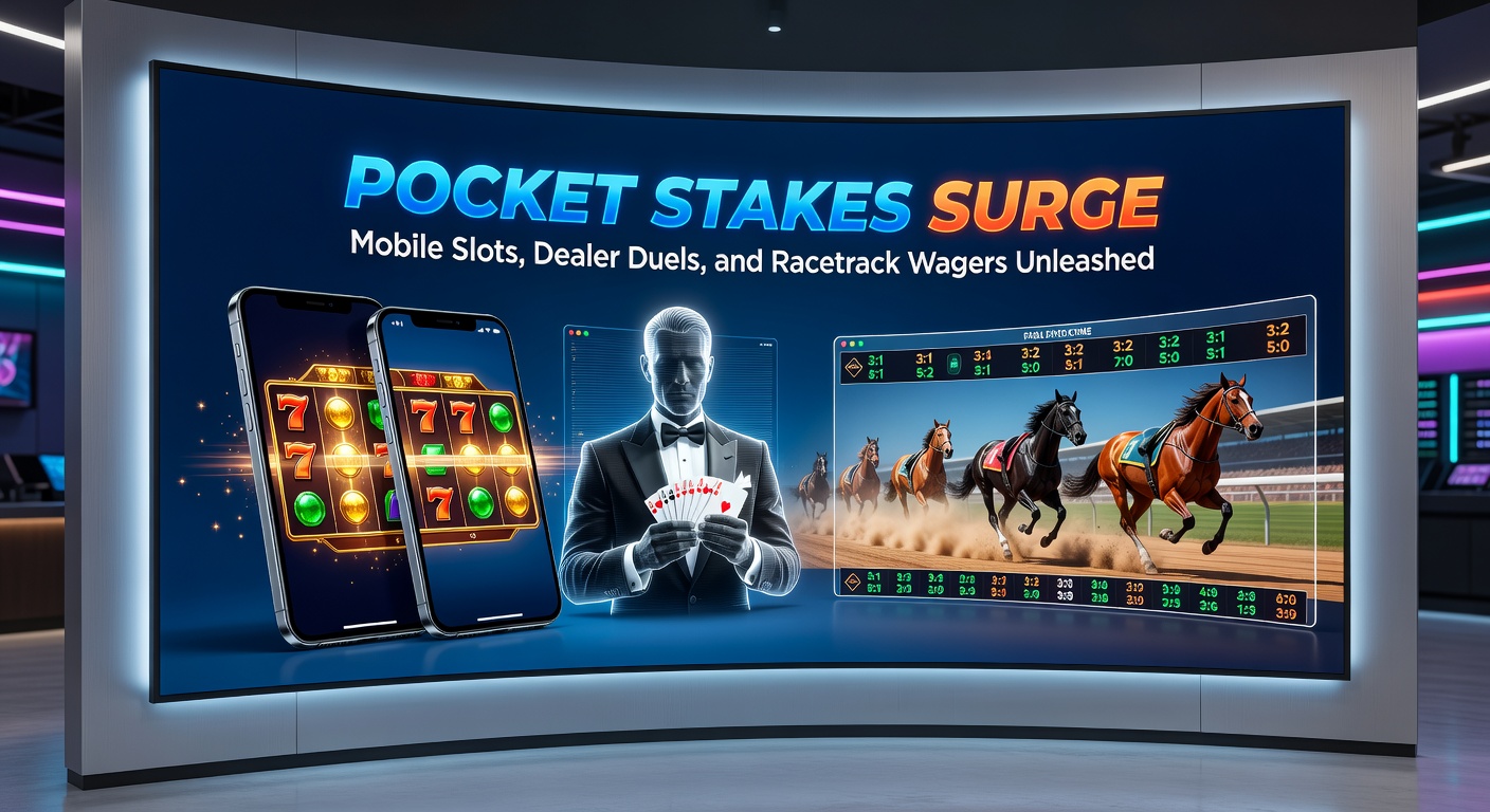 Dynamische Szene eines Smartphones mit Live-Rennen-Stream, Slots-Dreh und Dealer-Tisch, die den mobilen Glücksspiel-Boom symbolisieren