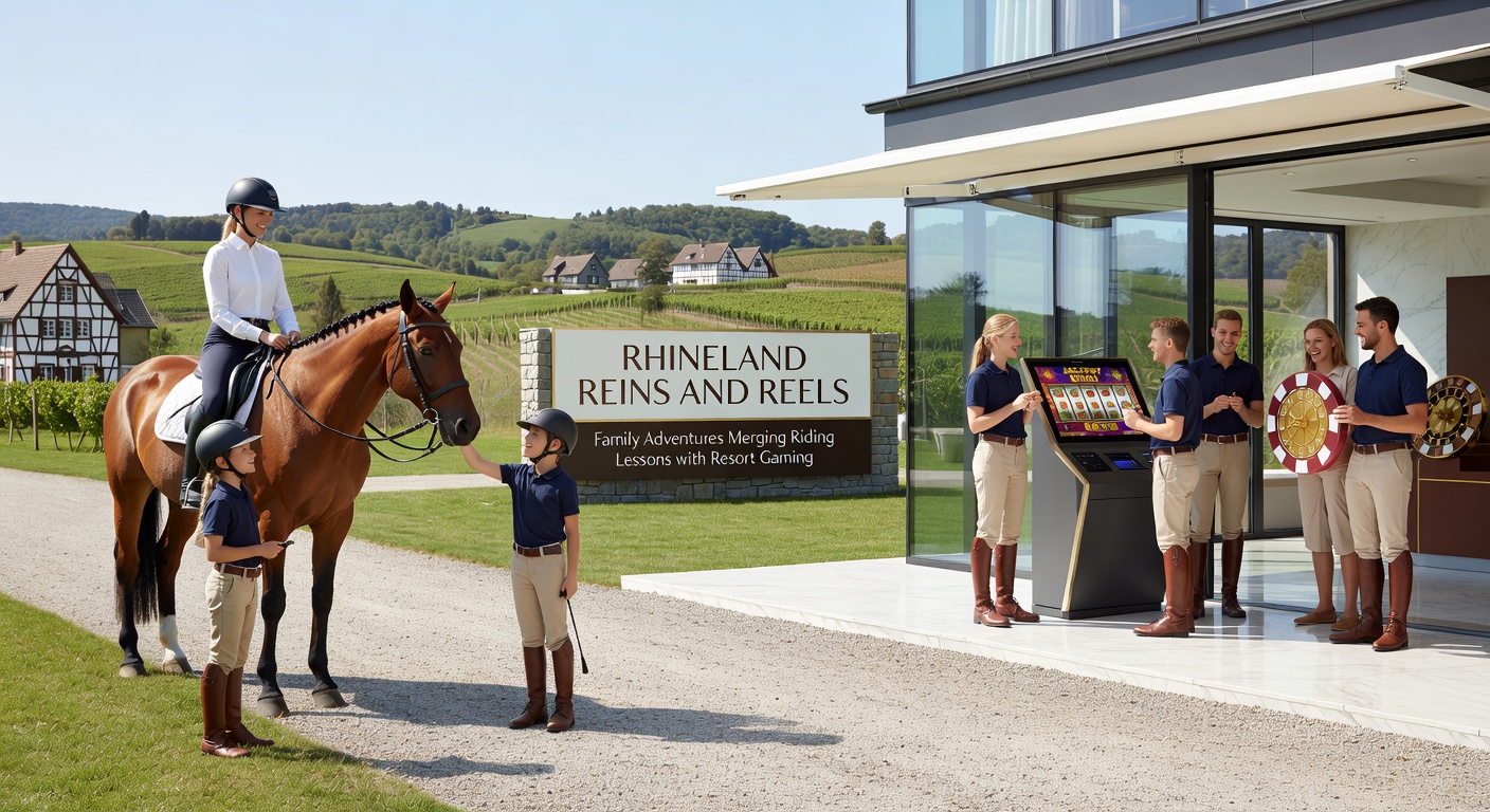 Gruppe von Reitern und Gamern in einem Rheinland-Resort, mit Pferden und Spielautomaten im Vordergrund