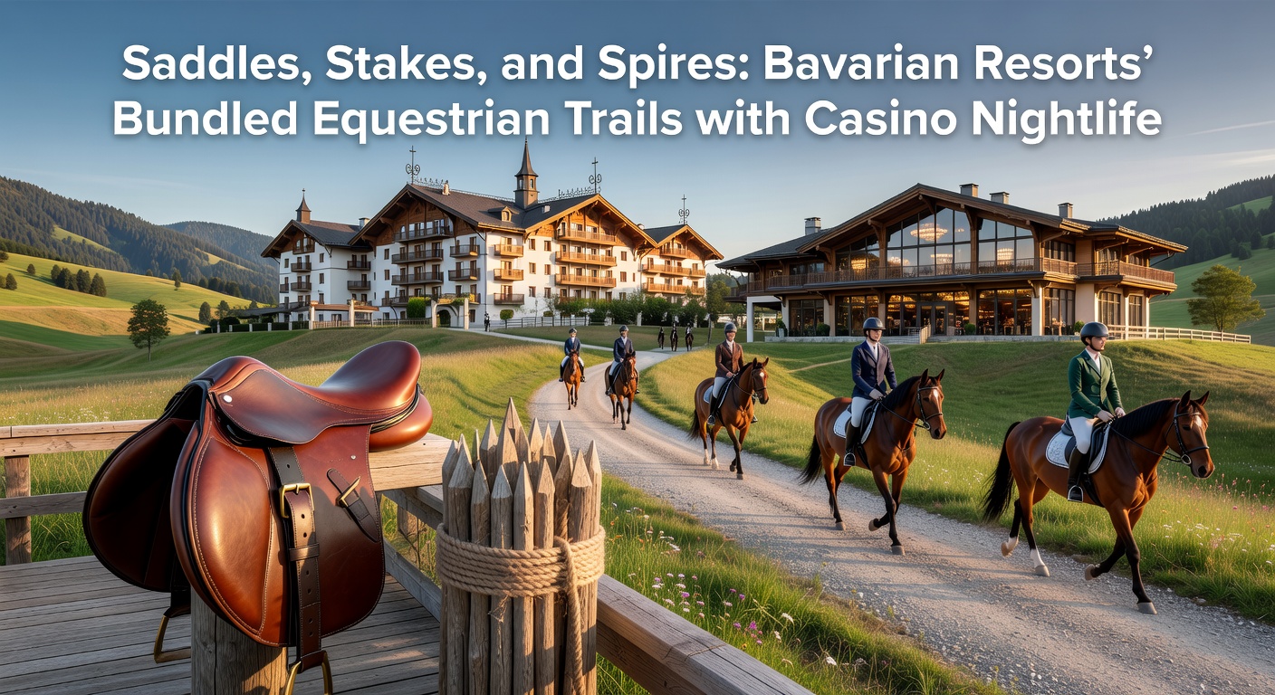 Casino-Innenraum in bayerischem Resort bei Nacht, mit Spielern an Tischen und Aussicht auf mondbeschienene Reitpfade